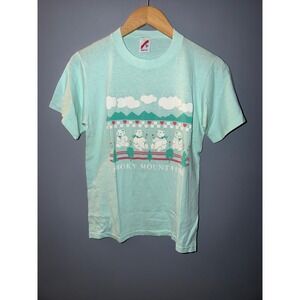 Jerzees Smoky Mountains Graphic T‎ Shirt Teal Vintage Bears Trees Hearts